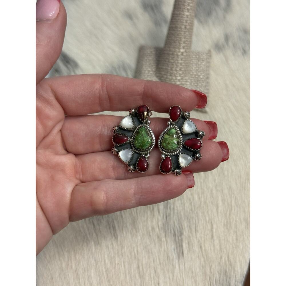 Sterling Silver Sonoran Gold Turquoise Red Dahlia Mother Pearl Cluster Earrings - Picture 12 of 13